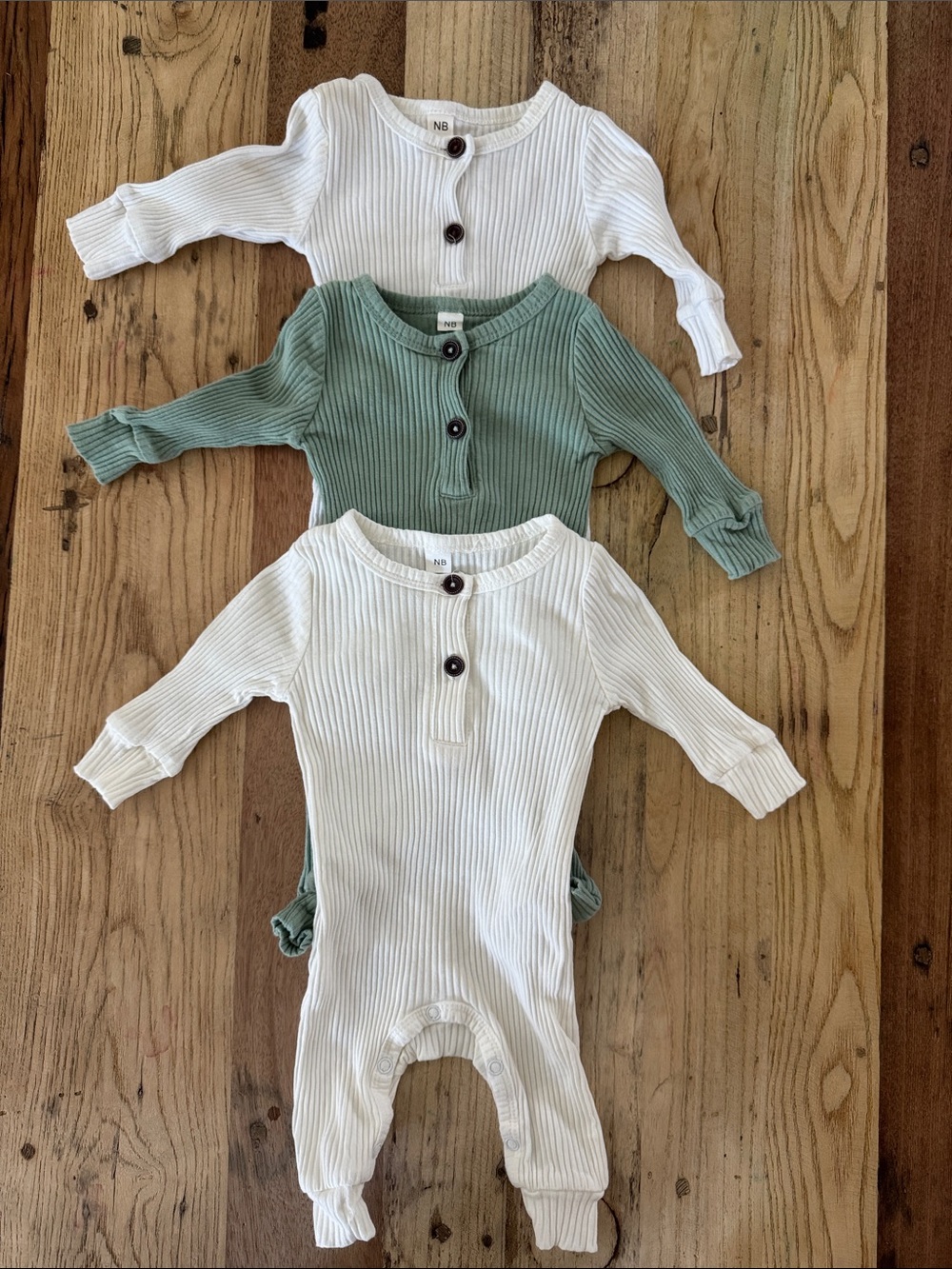 Baby Ribbed Long-Sleeve One-Piece in White, Sage Green, and Cream